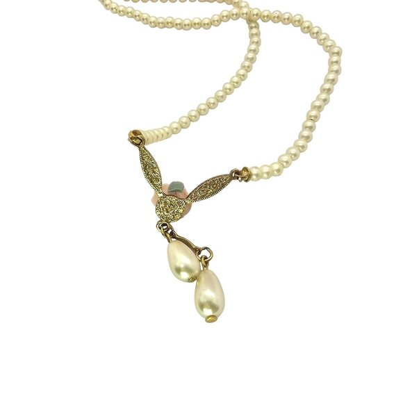 1928 Bridal Porcelain Rose Faux Pearl Necklace & Frosted Glass Brooch Set - Picture 10 of 16